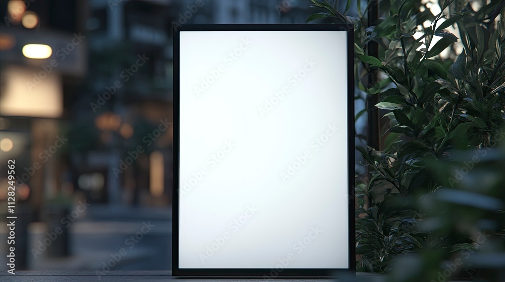 mockup white poster with black frame stand in front of blur restaurant cafe background for show or present promotion product concept. mockup white poster with black frame stand in front of blur restaurant cafe background for show or present promotion product concept.