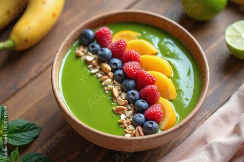 Colorful smoothie bowl with fresh fruits and nuts, healthy breakfast