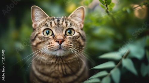 Close-up of a tabby cat amidst lush green foliage, looking up inquisitively.