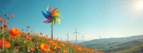 Colorful pinwheel and poppies with wind turbines, renewable energy
