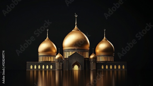 Happy Islamic New Year Poster Design with Black Background Isolated Golden Mosque Dome.