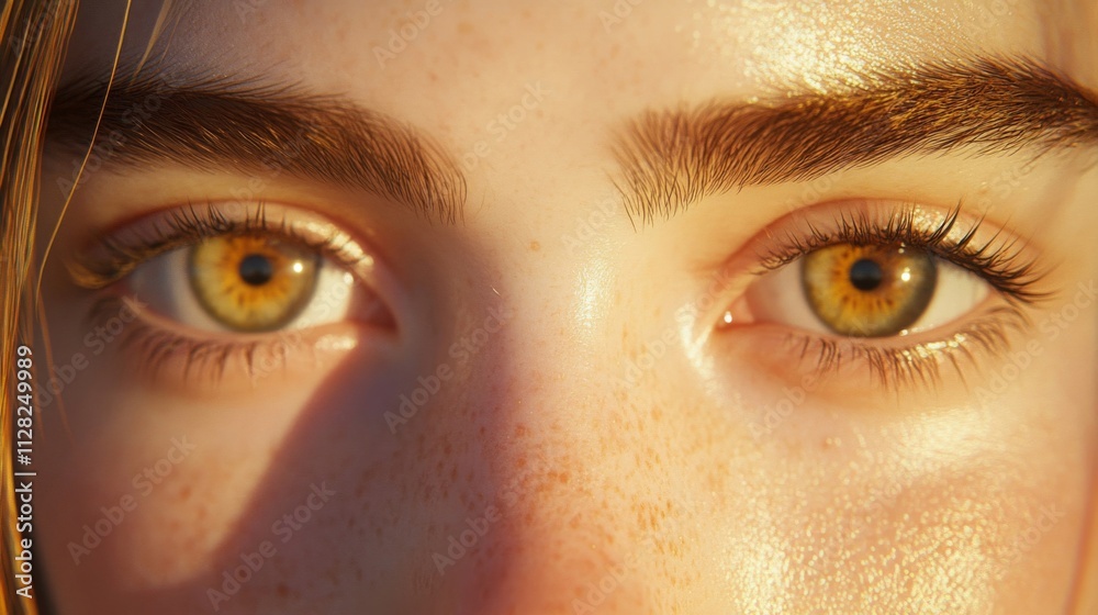 Fototapeta premium Golden Sunlight Illuminates Freckled Face And Eyes