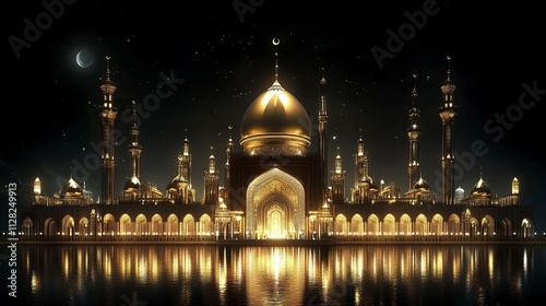 Happy Islamic New Year Poster Design with Black Background Isolated Golden Mosque Dome.