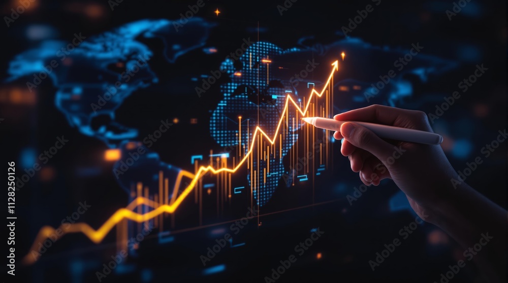 Hand drawing glowing financial graph on digital world map background. Hand drawing glowing financial graph on digital world map background.