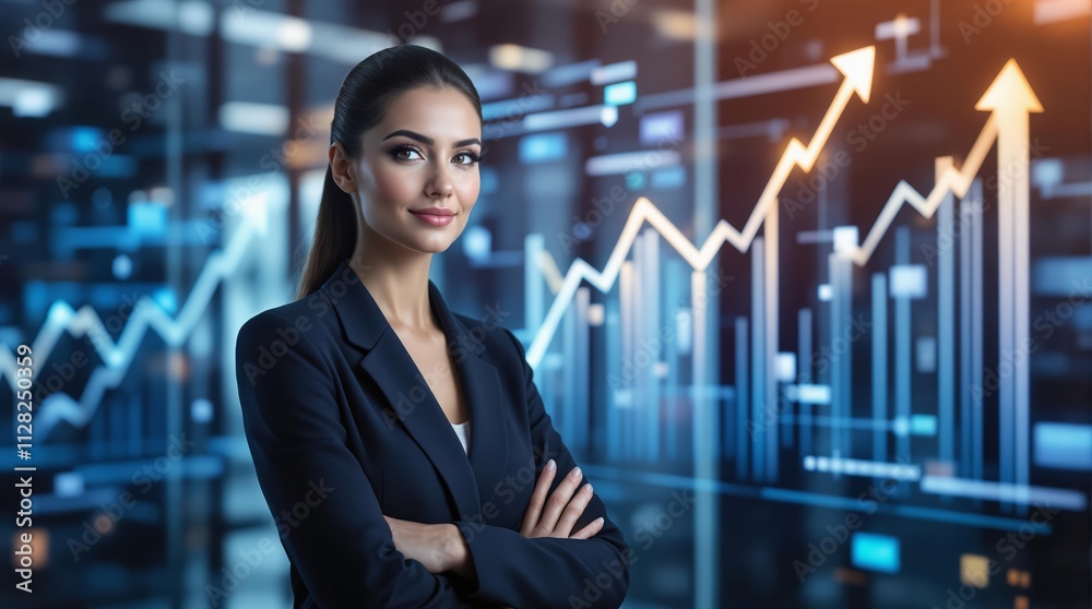 custom made wallpaper toronto digitalConfident businesswoman standing with arms crossed, analytical graph behind her.