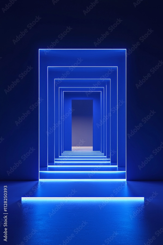 Blue empty room background, symmetrical lines of light on the ground leading to an open door at the end of the line Blue empty room background, symmetrical lines of light on the ground leading to an open door at the end of the line