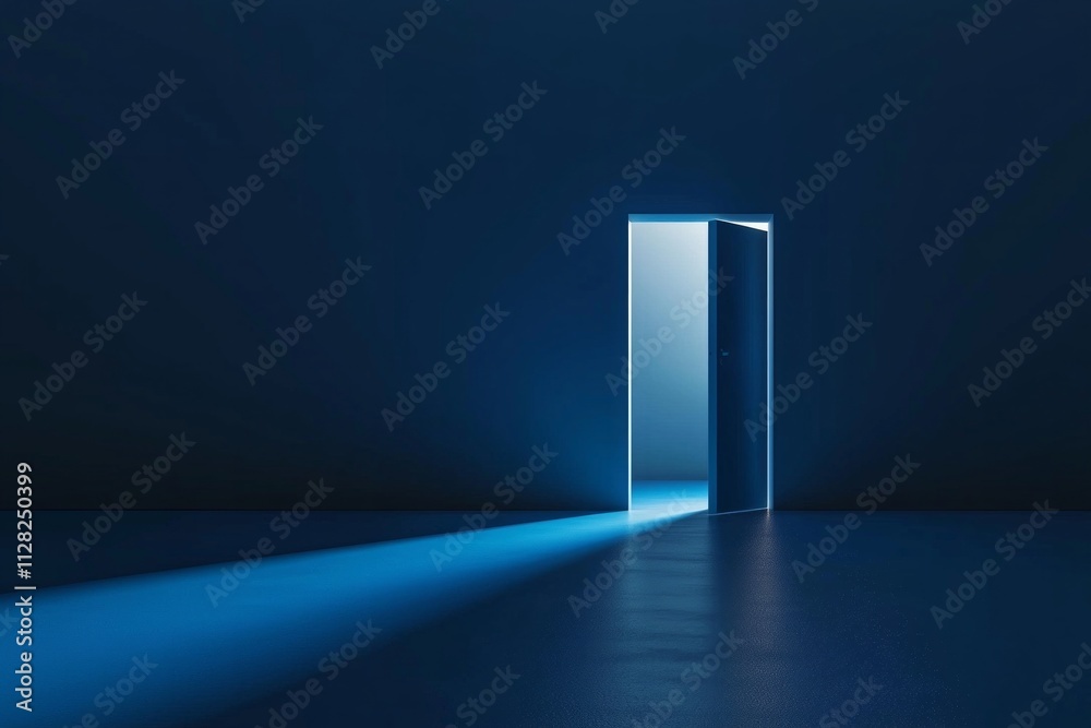 Blue empty room background, symmetrical lines of light on the ground leading to an open door at the end of the line Blue empty room background, symmetrical lines of light on the ground leading to an open door at the end of the line
