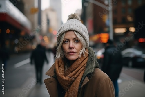 Portrait of a beautiful young woman in a winter hat and coat in the city