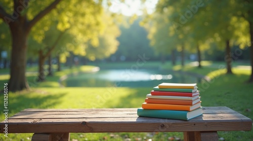 Colorful books on park bench, outdoor learning and relaxation