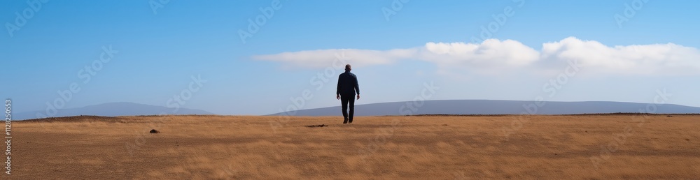 A solitary figure silhouetted against a vast desert landscape, representing exploration, loneliness, and the search for meaning within wide-open spaces under a clear sky. A solitary figure silhouetted against a vast desert landscape, representing exploration, loneliness, and the search for meaning within wide-open spaces under a clear sky.