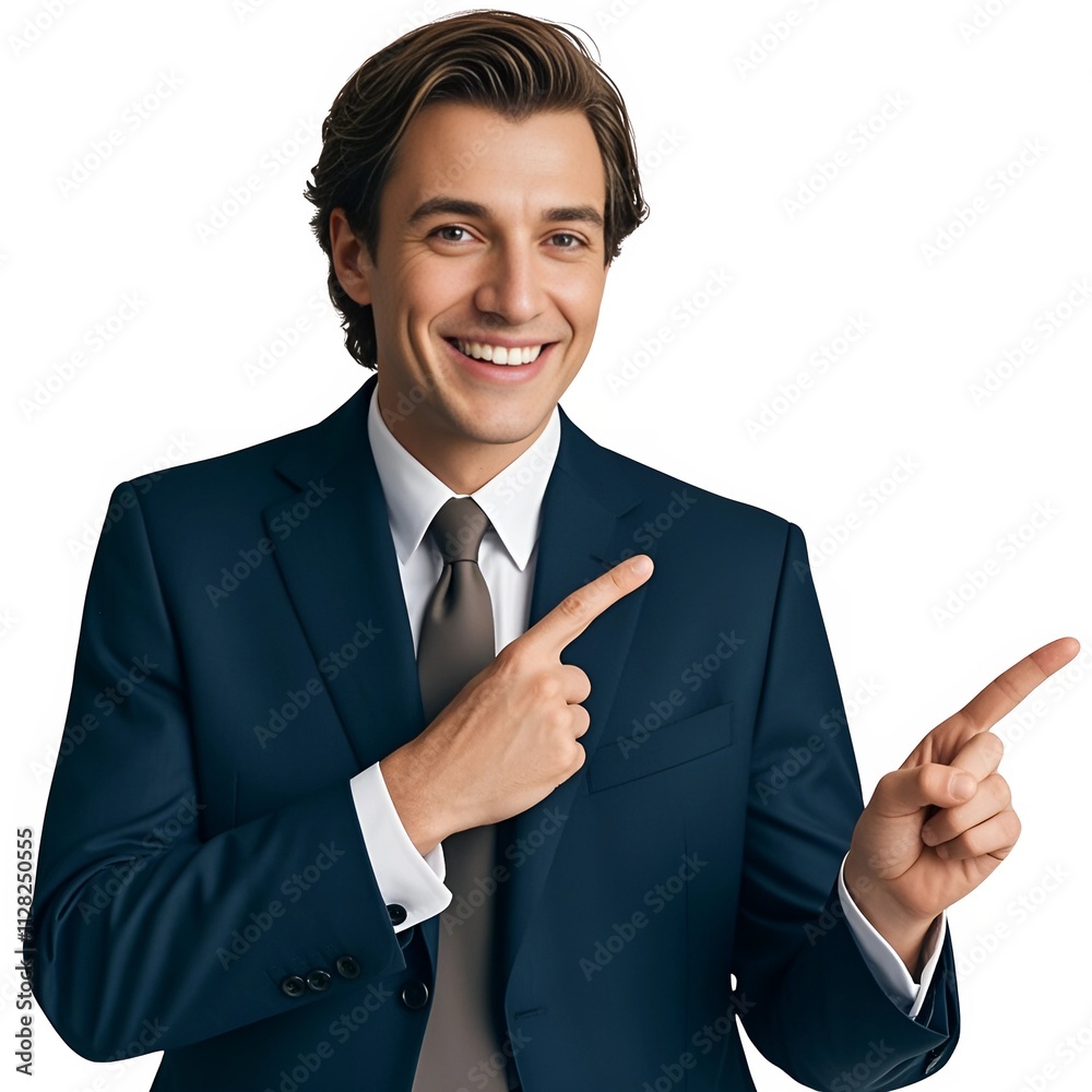 Smiling businessman pointing right side with two hands and looking at camera on white background Smiling businessman pointing right side with two hands and looking at camera on white background