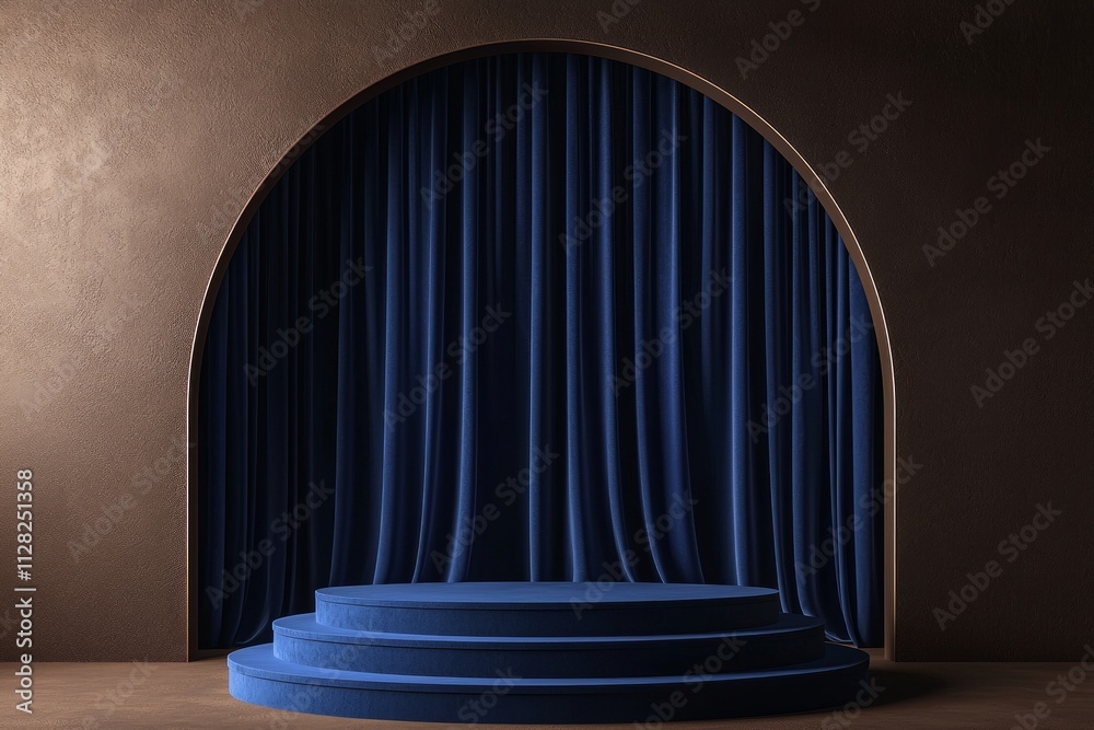 Navy blue podium scene with an arch and blue curtain, creating a sense of depth. The background is dark brown