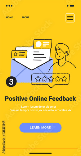 Positive online feedback concept with envelope star rating and person in minimalist doodle style on yellow background mobile app screen