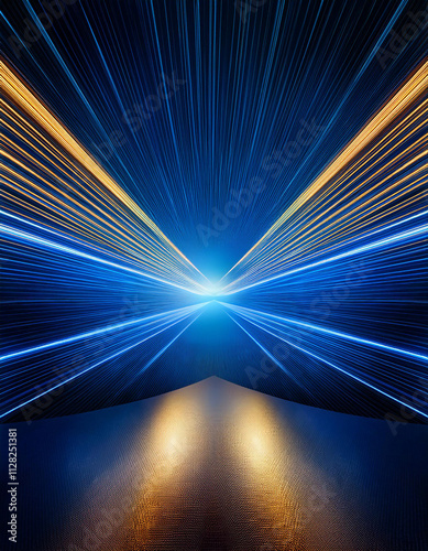Dark blue neon light with rays of gold abstract night empty scen