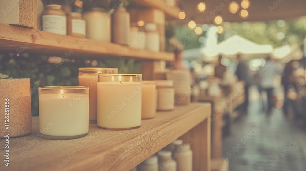 cozy corner of farmer market showcasing handmade candles and natural soaps neatly displayed on rustic shelves cozy corner of farmer market showcasing handmade candles and natural soaps neatly displayed on rustic shelves