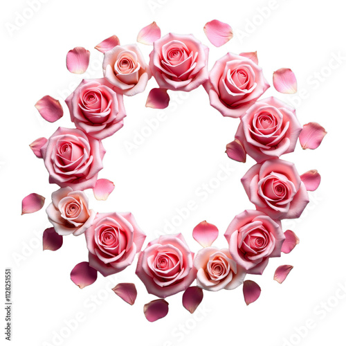 A circular arrangement of pink roses with some petals falling off