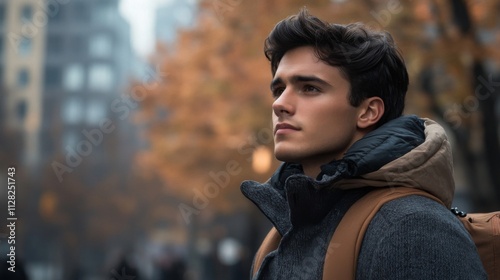 Young Man Contemplative City Autumn Day