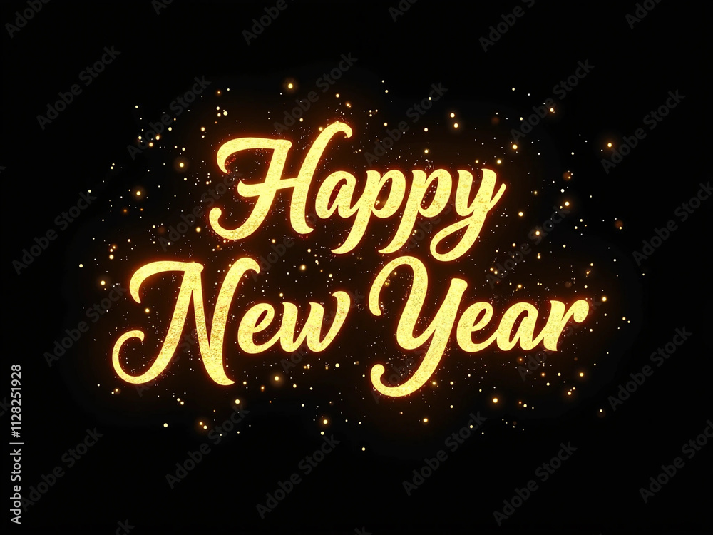 Golden Sparkling Elegant Calligraphy of Happy New Year on a Black Luxurious Background