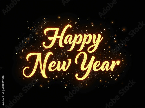 Golden Sparkling Elegant Calligraphy of Happy New Year on a Black Luxurious Background