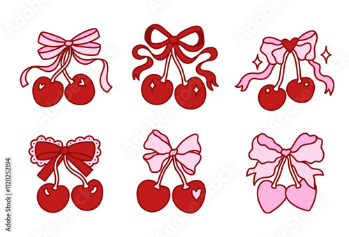 Set of coquette pretty charming bows with cherry berries. Elegant bow knot, gift bow. Collection with festive decorative elements. Vintage hand drawn clipart