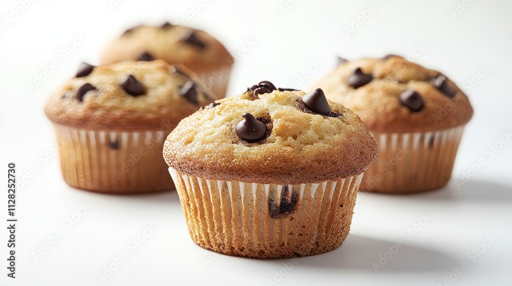 close-up of muffins on a white background with choco chips topping close-up of muffins on a white background with choco chips topping