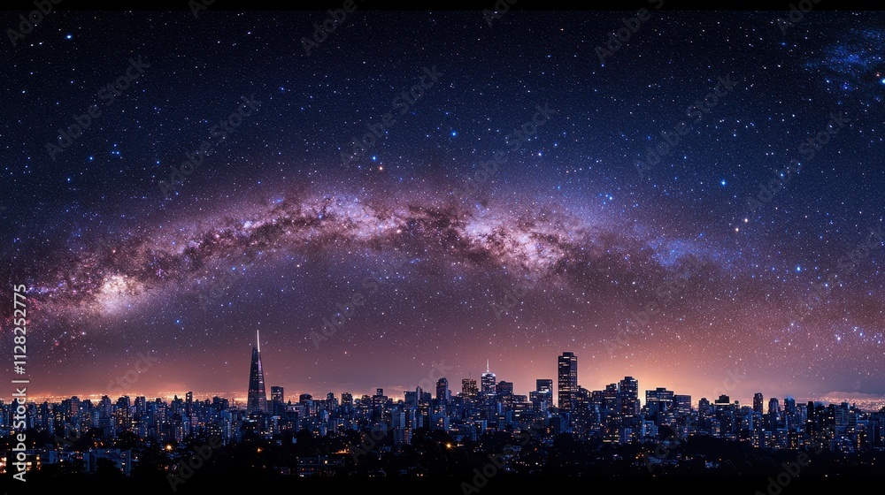 Urban Skyline Under Starry Galaxy Urban Skyline Under Starry Galaxy