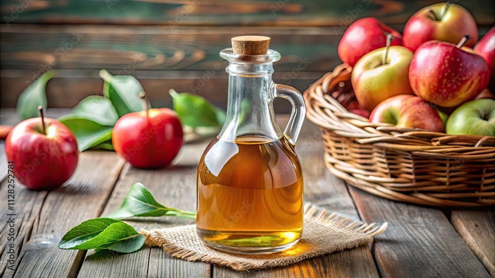 Closeup of apple vinegar in a glass bottle, apple cider, vinegar, healthy, organic, ingredient, culinary, condiment, health Closeup of apple vinegar in a glass bottle, apple cider, vinegar, healthy, organic, ingredient, culinary, condiment, health