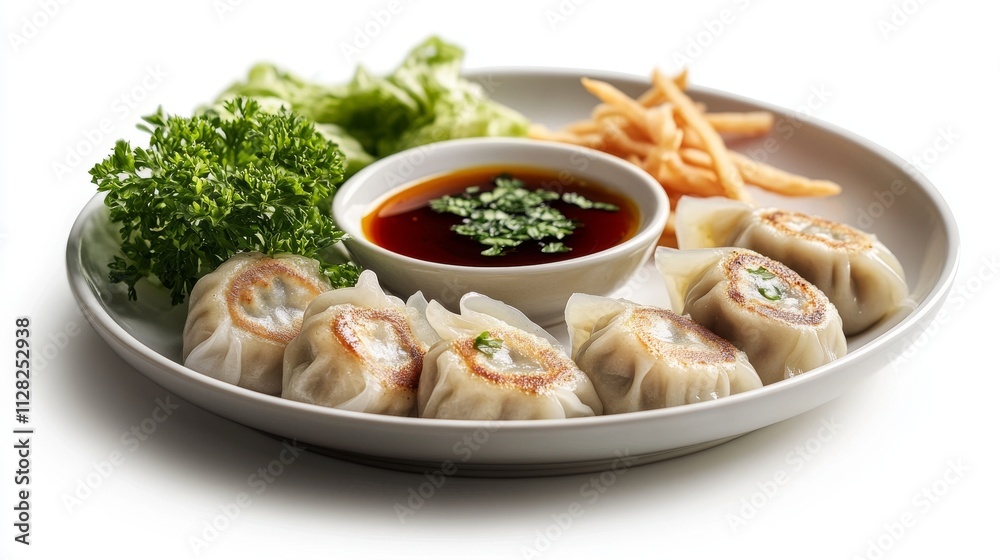 A plate of water dumplings with dipping sauce on a white plate with a white background A plate of water dumplings with dipping sauce on a white plate with a white background