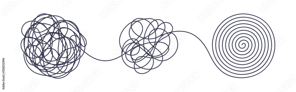 Chaos and order business concept flat style design vector illustration isolated on white background. Tangled disorder turns into spiral order line, find solution. Coaching, mentoring or psychotherapy. Chaos and order business concept flat style design vector illustration isolated on white background. Tangled disorder turns into spiral order line, find solution. Coaching, mentoring or psychotherapy.