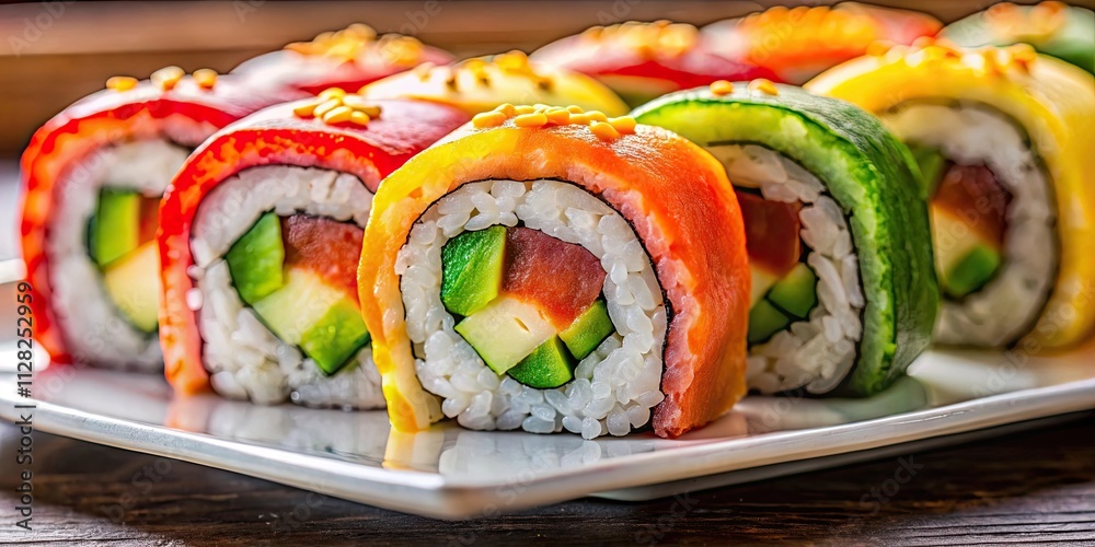 Close-up of colorful sushi roll on plate vertical, sushi, roll, colorful, Japanese cuisine, food, plate, fresh, seafood, raw Close-up of colorful sushi roll on plate vertical, sushi, roll, colorful, Japanese cuisine, food, plate, fresh, seafood, raw