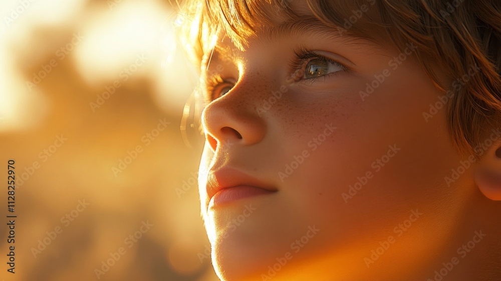 Golden sunlight illuminates a young boys face Golden sunlight illuminates a young boys face