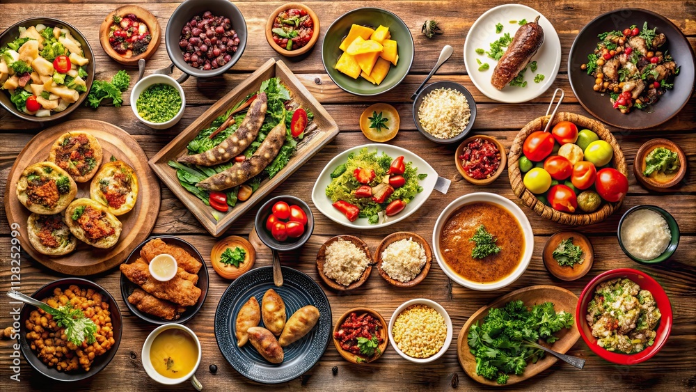 A variety of delicious dishes spread out on a dining room table, Buffet, Food, Feast, Spread, Meal, Appetizers, Salad A variety of delicious dishes spread out on a dining room table, Buffet, Food, Feast, Spread, Meal, Appetizers, Salad