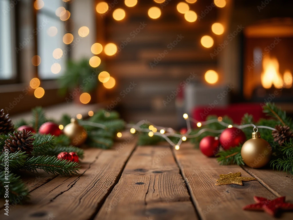 Rustic Wooden Tabletop Decorated for Christmas Rustic Wooden Tabletop Decorated for Christmas