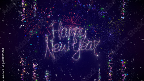 Happy New Year fireworks blue. Christmas balls and snowflakes. Make your Christmas Card and New Year Eve perfect adding Merry Christmas and Happy New Year template.