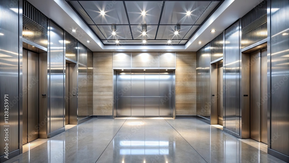 Obraz premium Modern elevator hall interior with sleek design and polished surfaces, elevator, hall, interior, modern, sleek