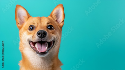 Happy dog with a bright smile against a turquoise background, showcasing a cheerful and playful demeanor.