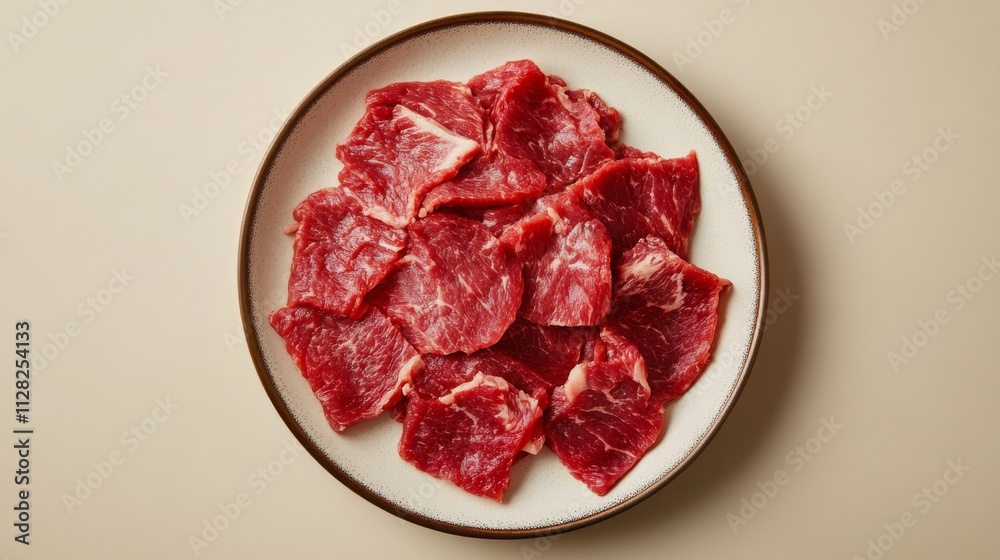 top view a plate of beef slice on a beige background top view a plate of beef slice on a beige background