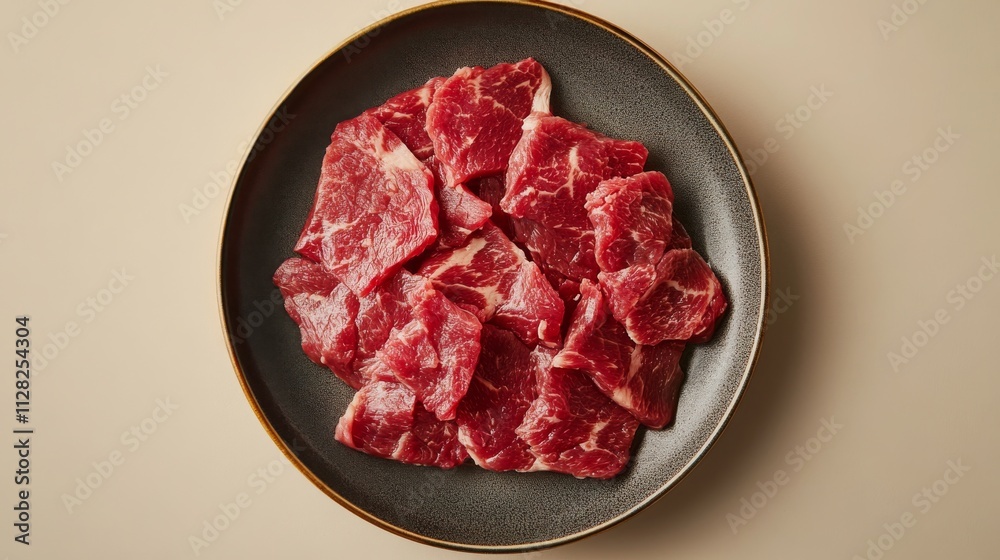 top view a plate of beef slice on a beige background top view a plate of beef slice on a beige background