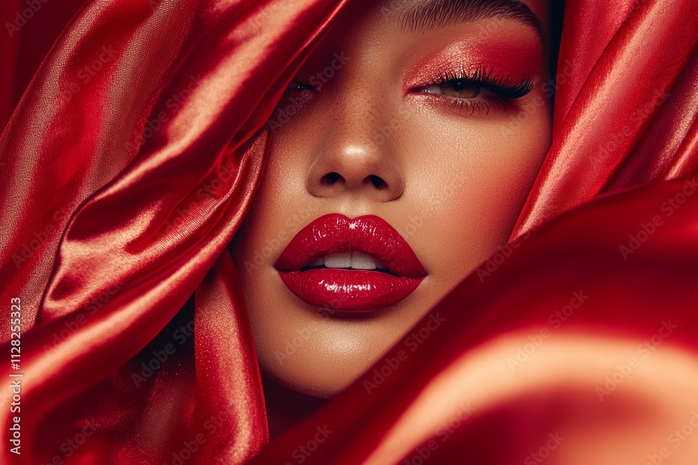 A beautiful woman's face partially covered by red silk fabric, with bold makeup featuring glossy lipstick and soft, shiny lips. A beautiful woman's face partially covered by red silk fabric, with bold makeup featuring glossy lipstick and soft, shiny lips.