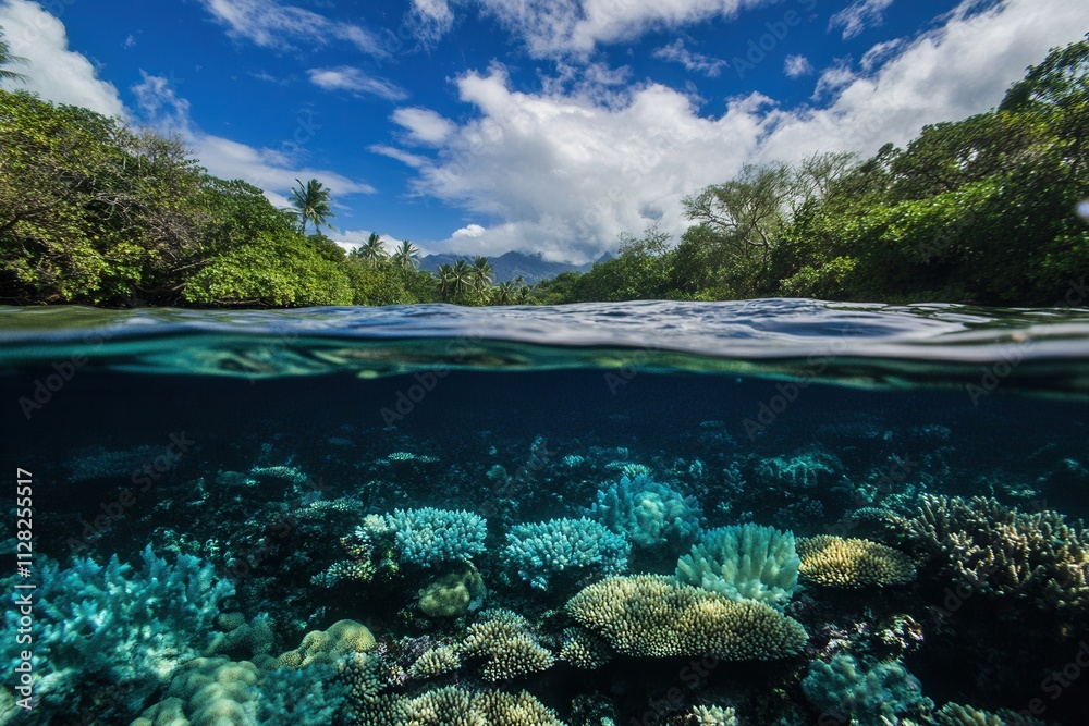 Split view of a vibrant coral reef and lush landscape. Split view of a vibrant coral reef and lush landscape.