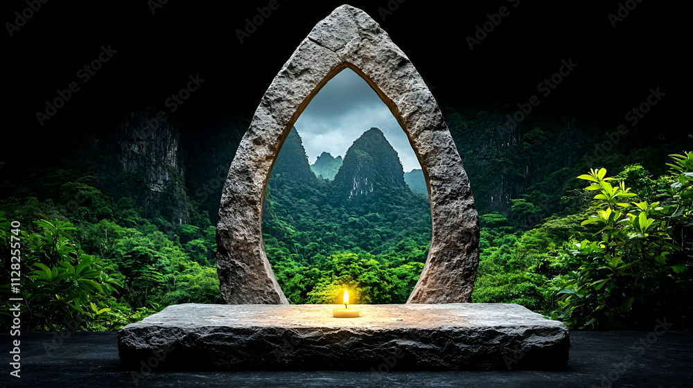 Fototapeta premium A stone archway frames a lush mountain landscape, with a warm glow illuminating a central stone table in a serene setting.