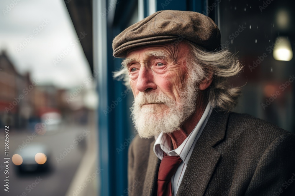 Portrait of senior man with grey beard and beret in city street.