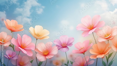 Dreamlike Pastel Flowers Watercolor Sky, Serene Floral Background with Soft Pink, Peach, and Yellow Blossoms