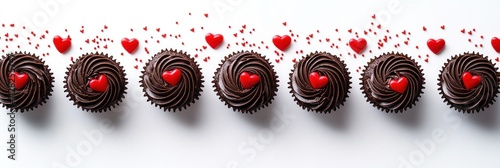 Chocolate Cupcakes Decorated With Red Hearts And Sprinkles photo