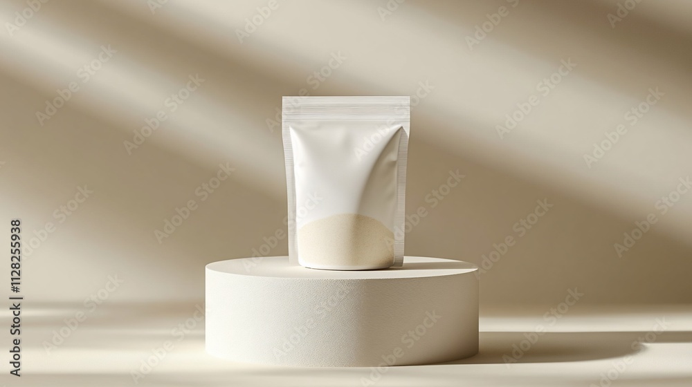 White stand-up pouch with beige powder on a minimalist beige background.
