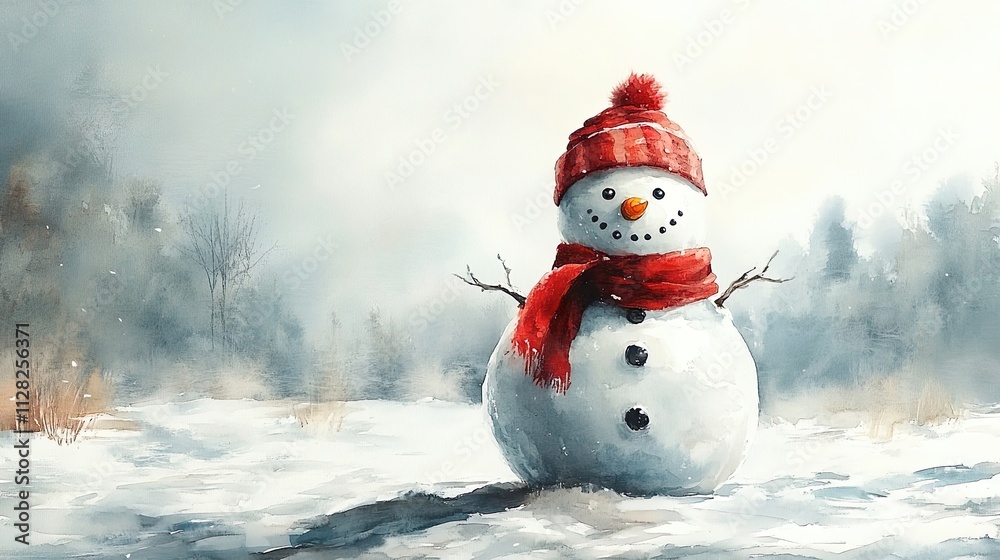 Obraz premium Cheerful Snowman with Red Scarf in a Winter Wonderland