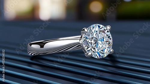 Engagement ring featuring a sparkling round diamond on a sleek silver band, set against a blurred background. photo