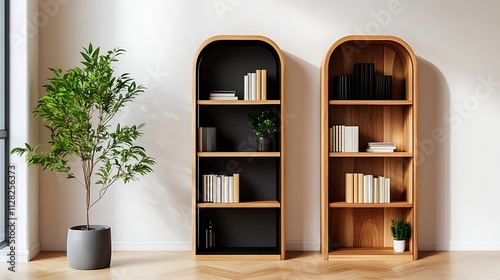 Modern Arch Bookcases in a Bright Minimalist Living Room AI Generated