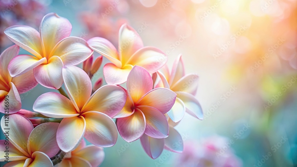 Soft and blurry background of frangipani (plumeria) flowers in pastel hues , floral, tropical, soft, blur, delicate, petal, bloom