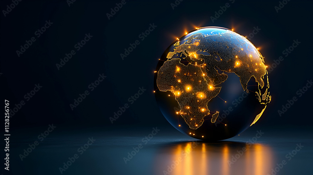 A glowing globe with interconnected lights highlights global connectivity and technology against a dark background. A glowing globe with interconnected lights highlights global connectivity and technology against a dark background.